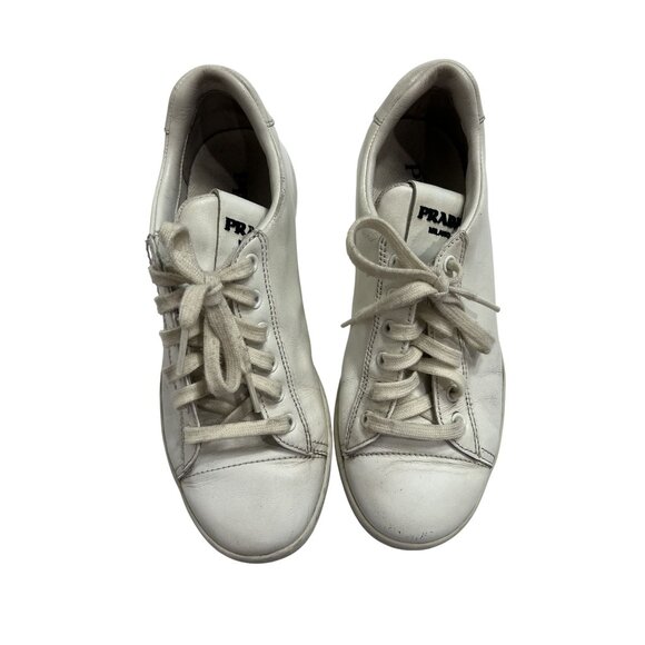 Prada Logo Leather Low Top Sneakers in White - Picture 1 of 8